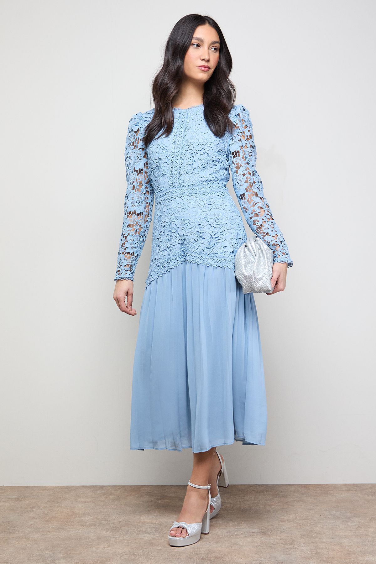 Oasis Lace Bodice Pleated Skirt Long Sleeve Midi Dress Powder Blue image 1