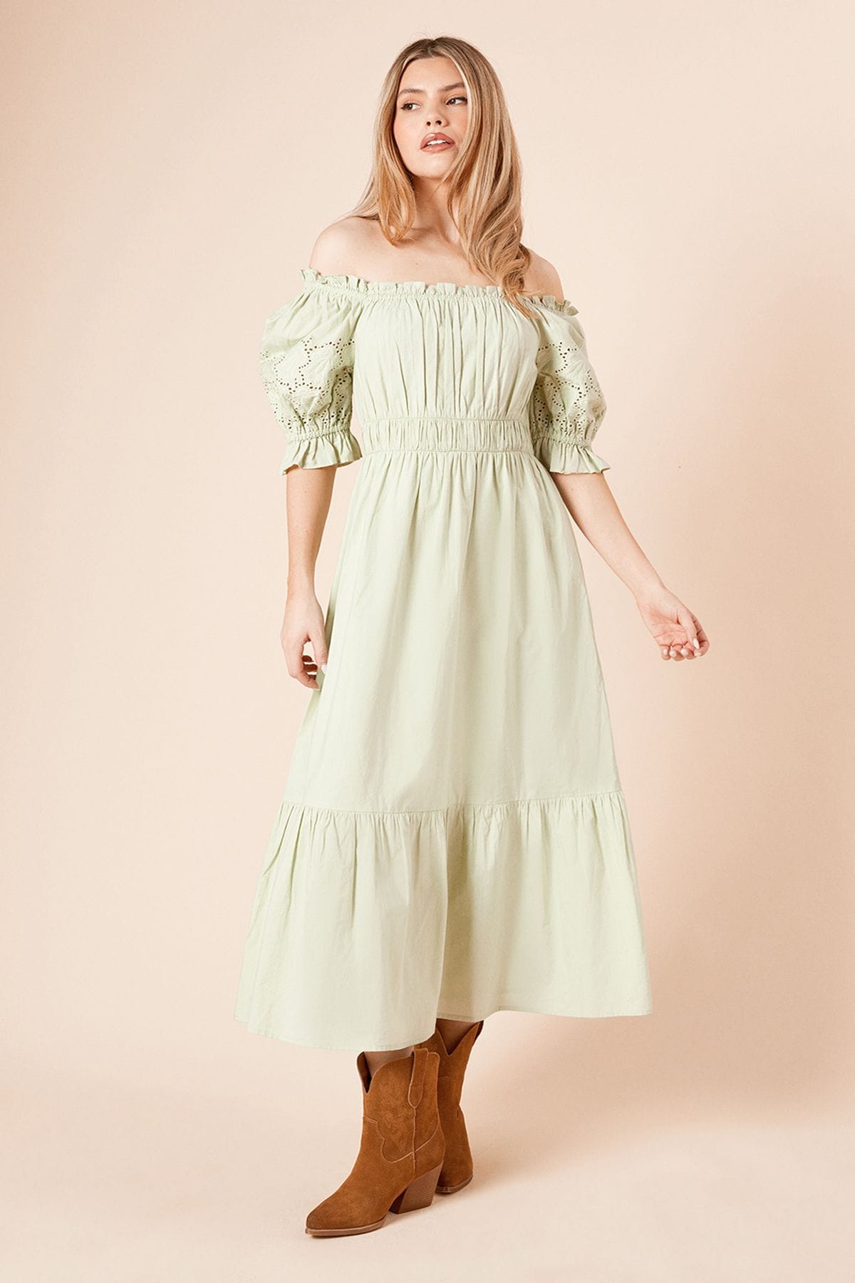 Dorothy Perkins Cut-work Sleeve Poplin Bardot Dress Mint image 1