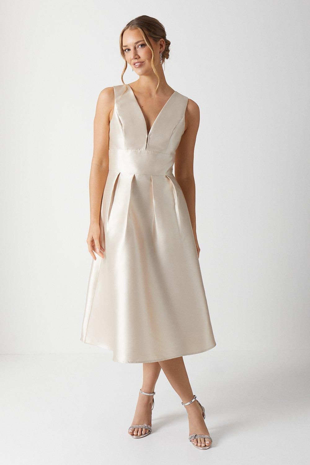 Coast Plunge Neck Structured Twill Midi Bridesmaid Dress Champagne