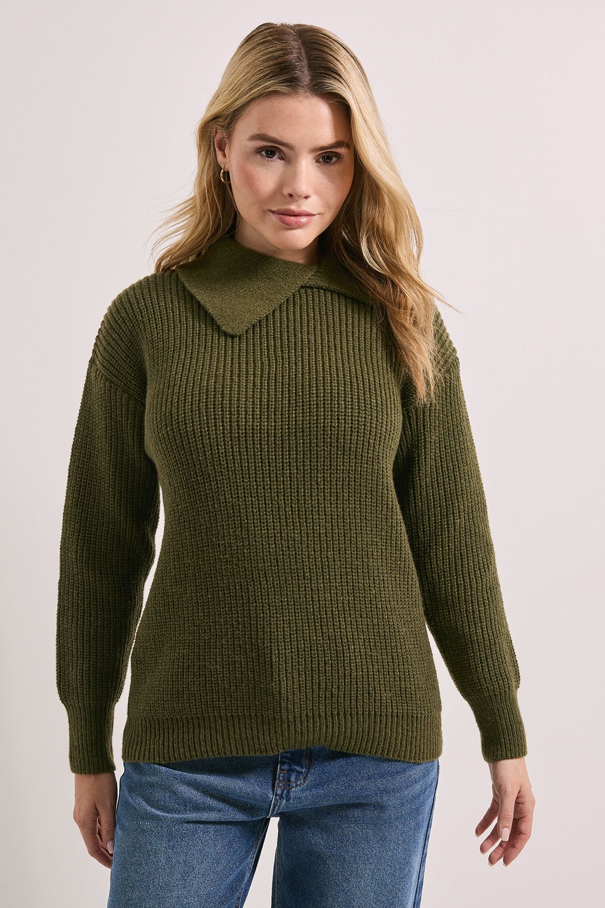 Dorothy Perkins Split Neck Ribbed Jumper Khaki image 1