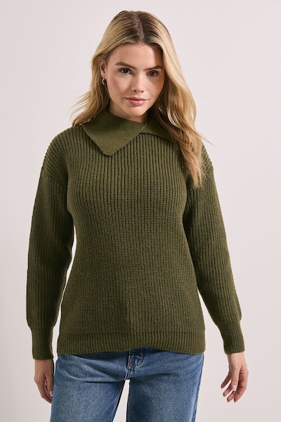 Dorothy Perkins Split Neck Ribbed Jumper Khaki