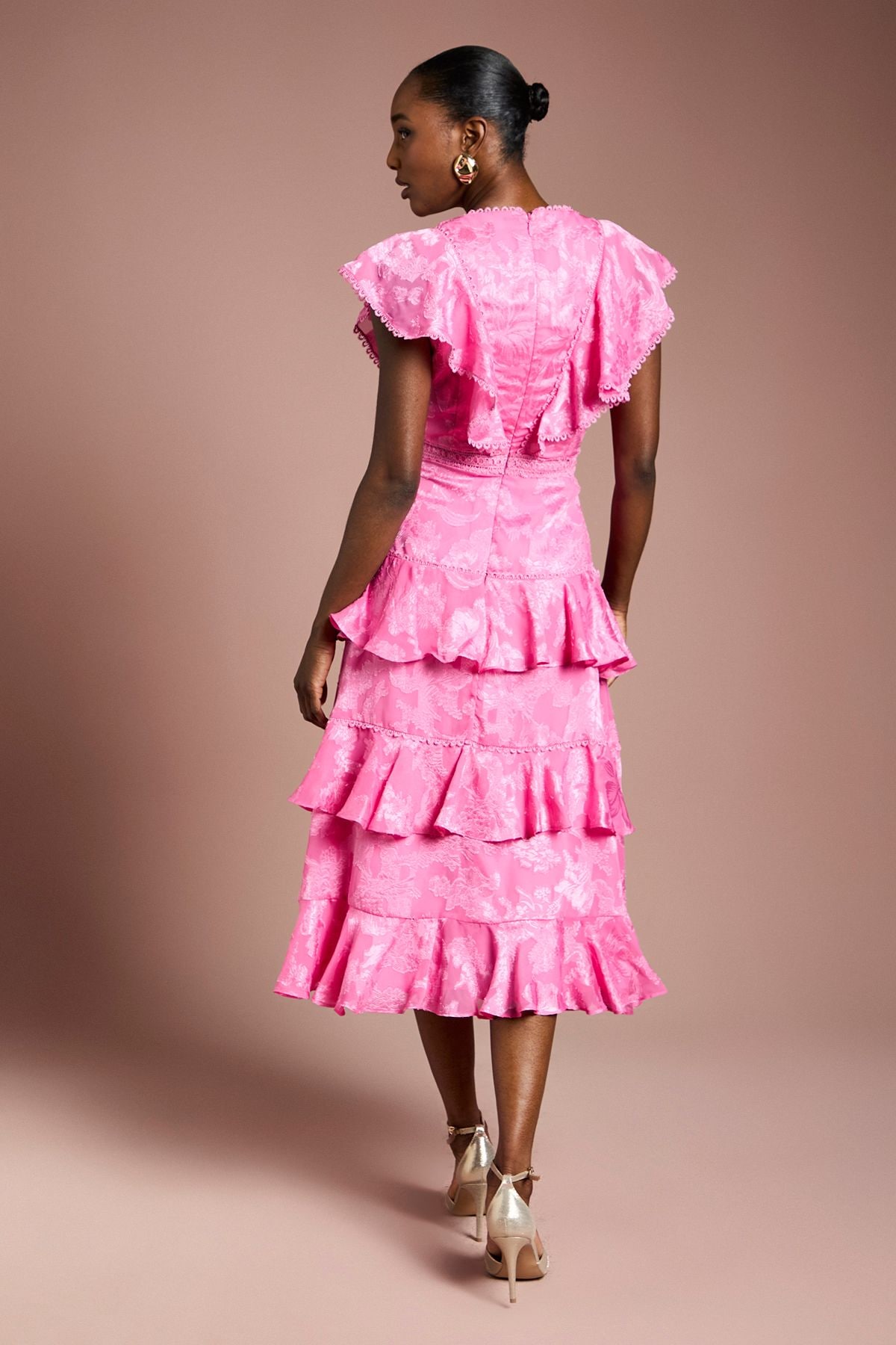 Coast Satin Jacquard Ruffle Detail Midi Dress Pink image 3