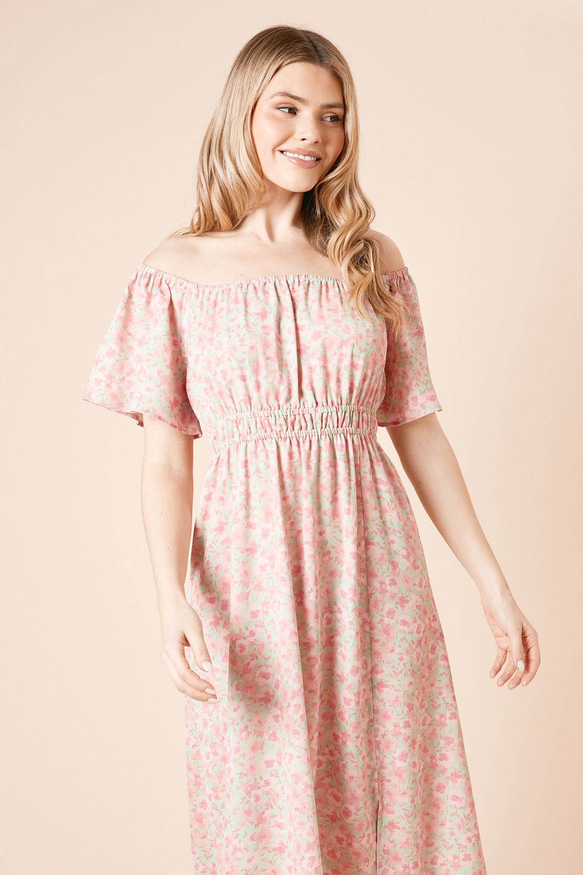 Dorothy Perkins Floral Bardot Full Skirted Midi Dress Floral image 2