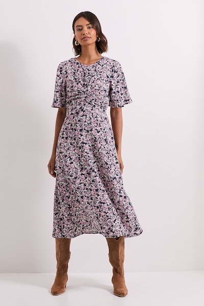 Dorothy Perkins Pink Floral Twist Front Angel Sleeve Midi Dress Floral