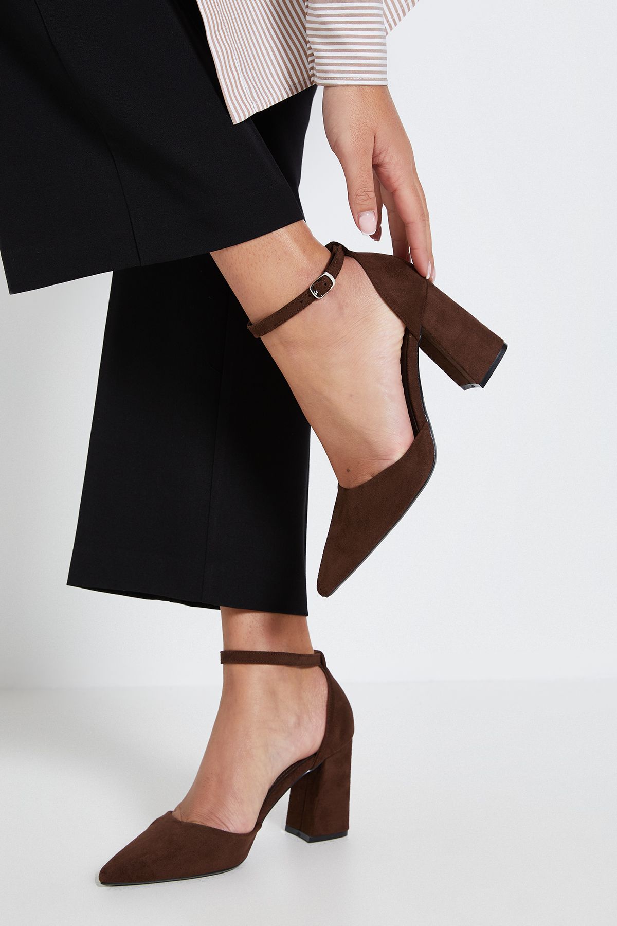 Dorothy Perkins Blanche Faux Suede Ankle Strap Pointed High Block Heel Court Shoes Chocolate image 1