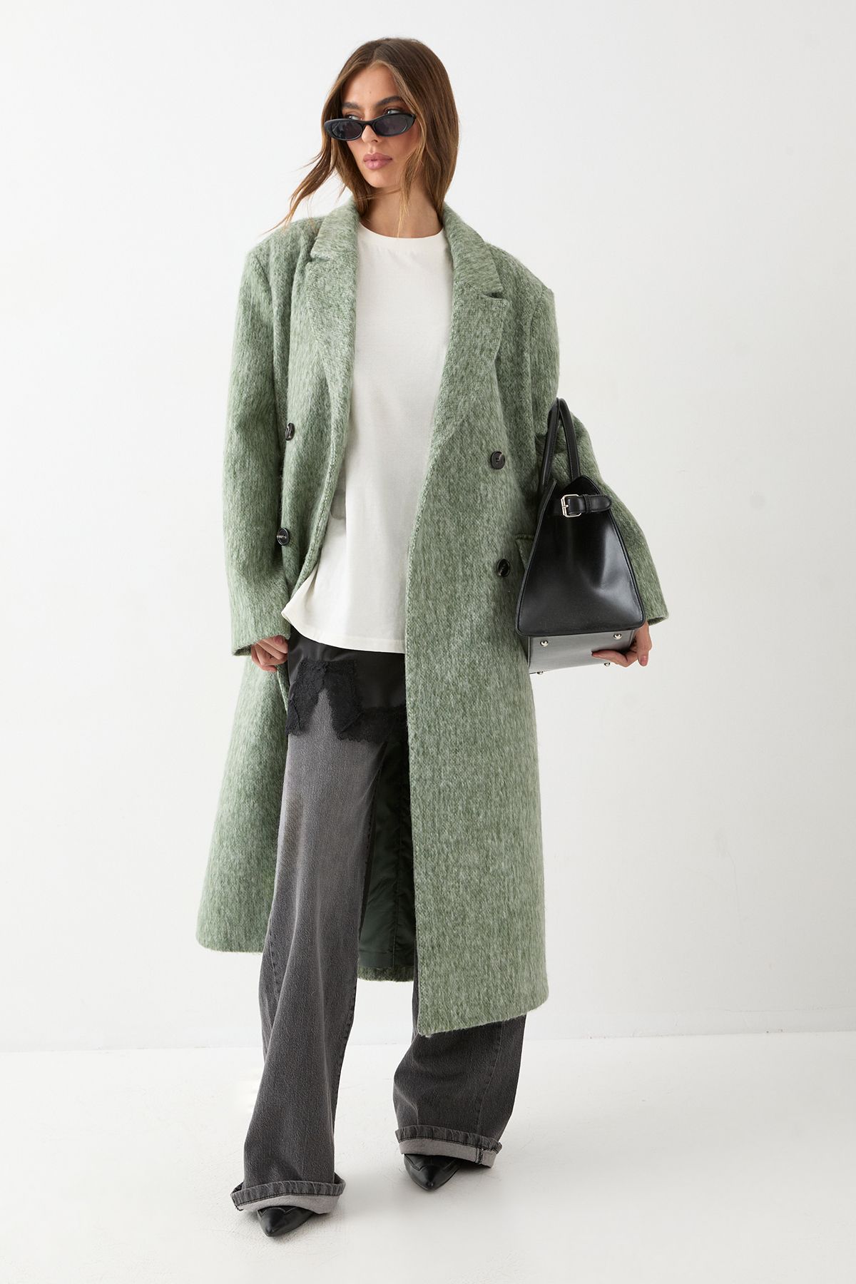 MissPap Wool Look Structured Shoulder Coat Olive image 2