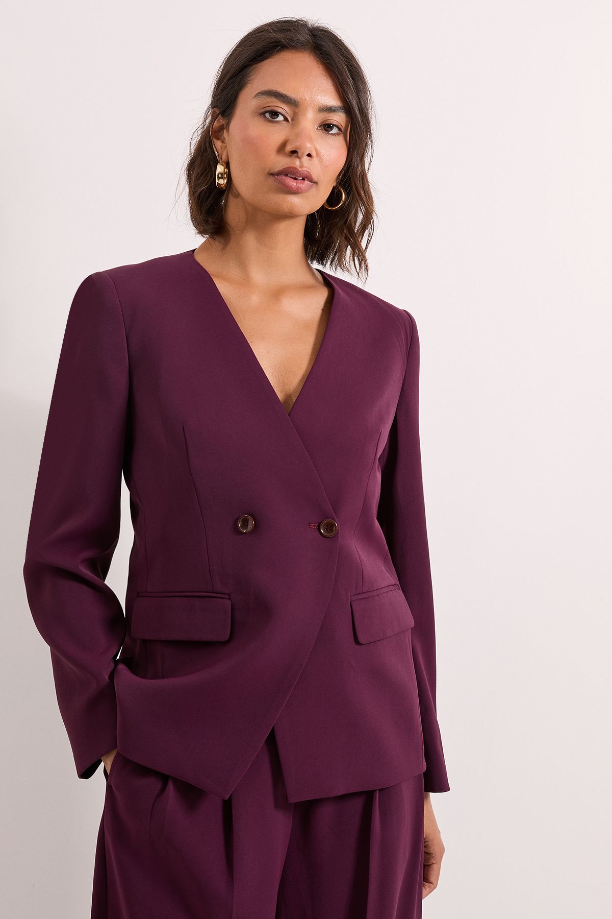 Dorothy Perkins V Neck Longline Double Breasted Blazer Berry image 1