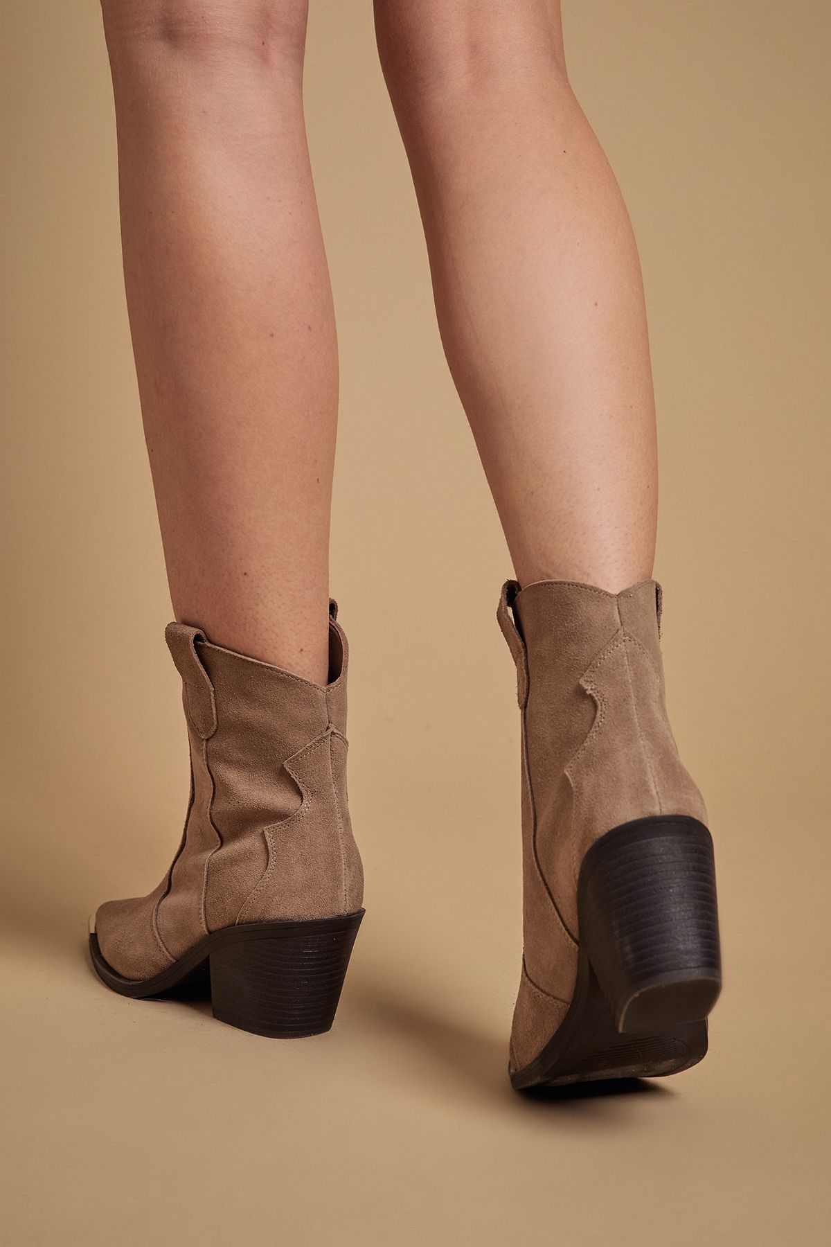 Oasis Tammy Real Suede Metal Trim Western Ankle Boots Beige image 4