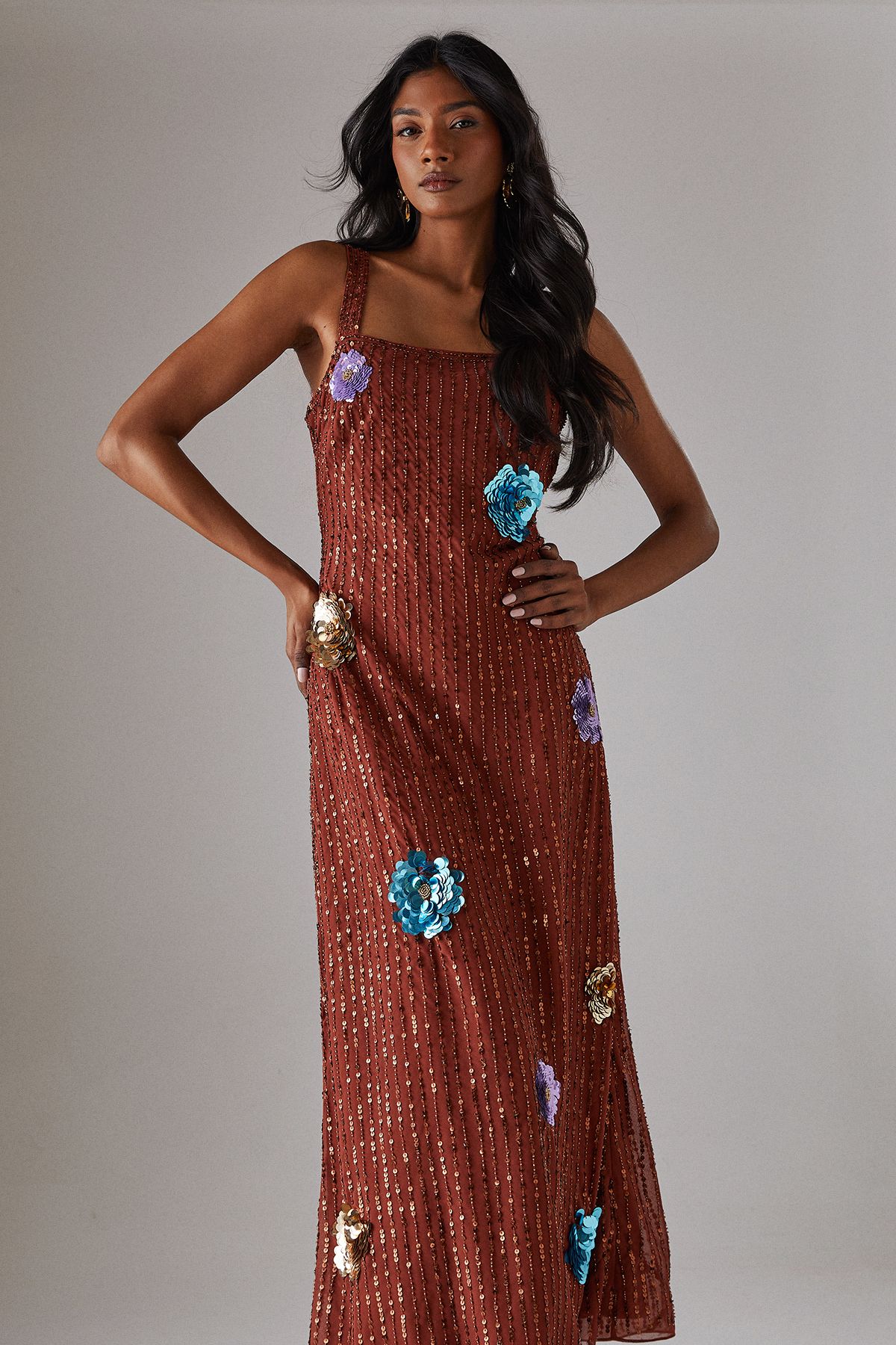 Warehouse Hand Embellished Flower Burst Strappy Sequin Slip Midi Dress Rust image 4
