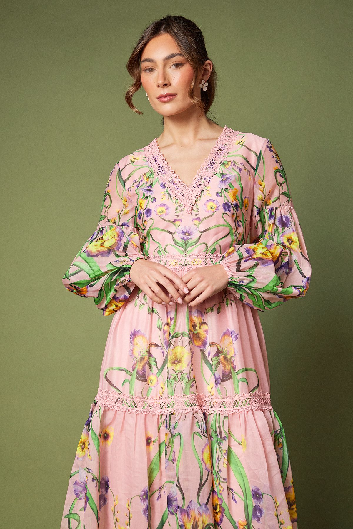 Coast Printed V Neck Long Sleeve Organza Midaxi Dress Pink image 2