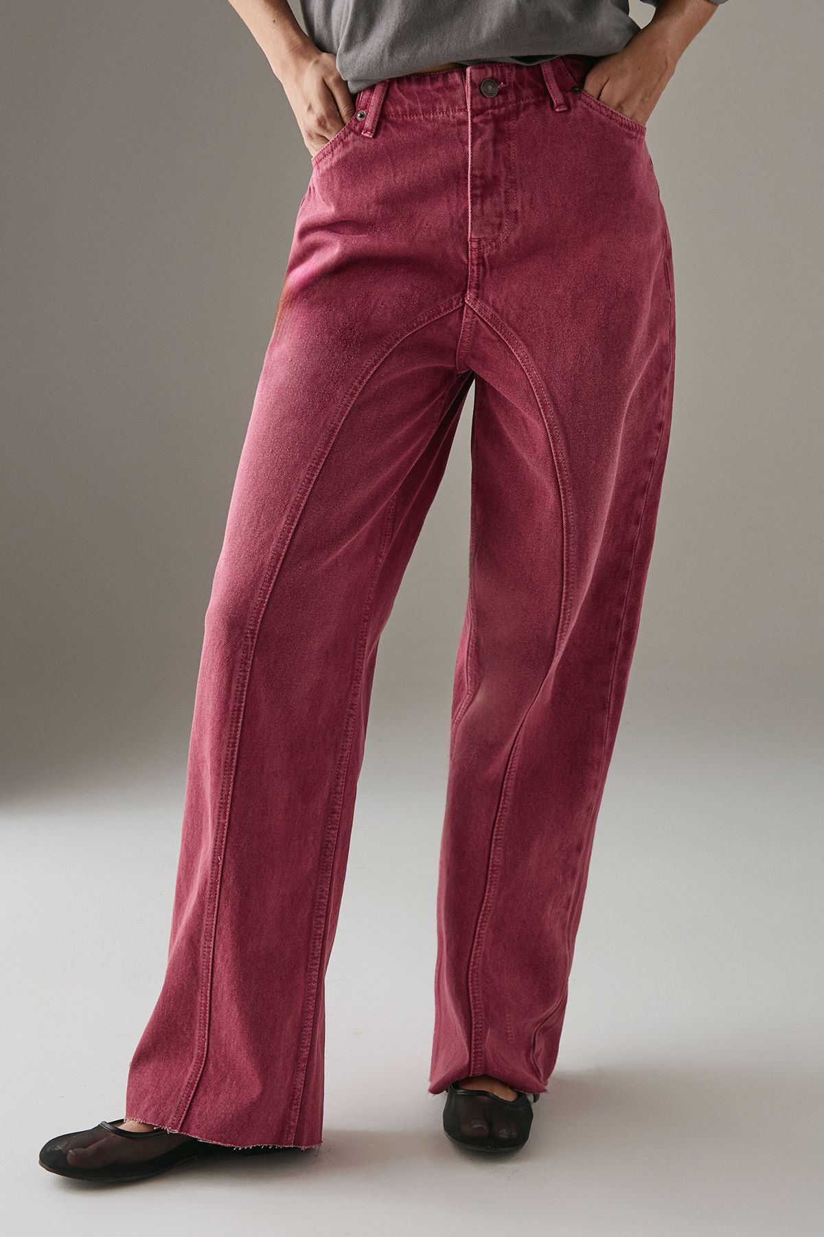 Warehouse Washed Raw Waist Seam Detail Denim Dad Jean Raspberry image 1