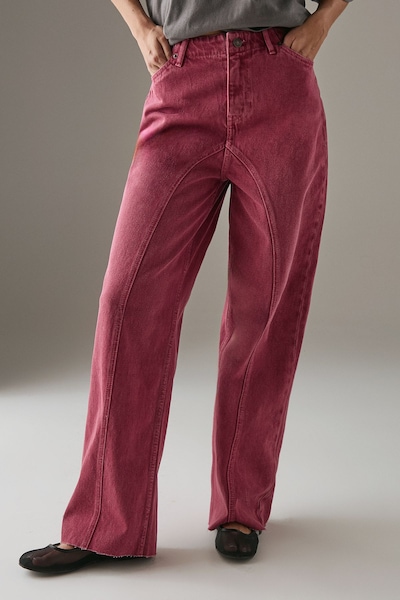 Warehouse Washed Raw Waist Seam Detail Denim Dad Jean Raspberry