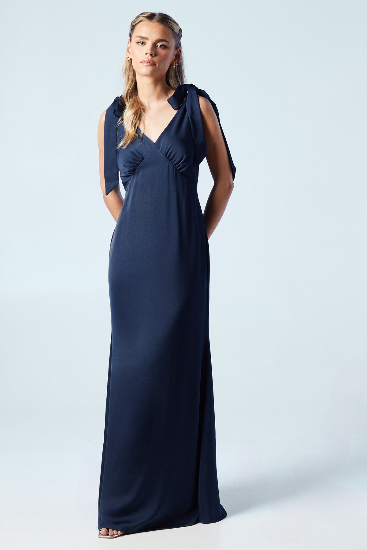 Coast Coast Honoured Petite Satin Back Crepe V Neck Tie Shoulder Maxi Bridesmaid Dress Navy image 1
