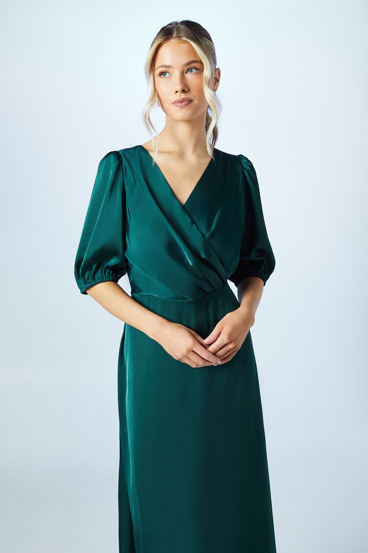 Coast Teen Puff Sleeve Satin Bridesmaid Dress Emerald image 2