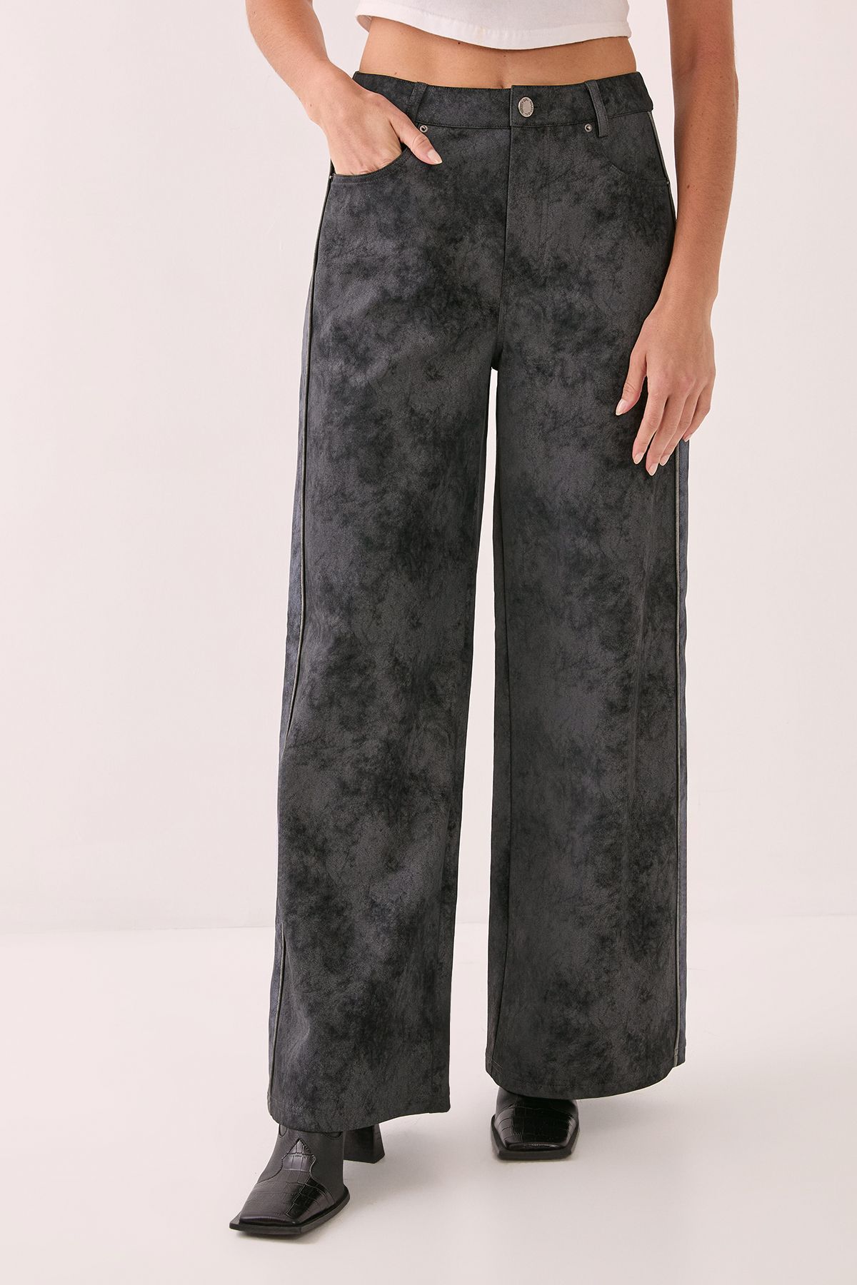 NastyGal Distressed Faux Leather Panelled Trouser Charcoal image 2