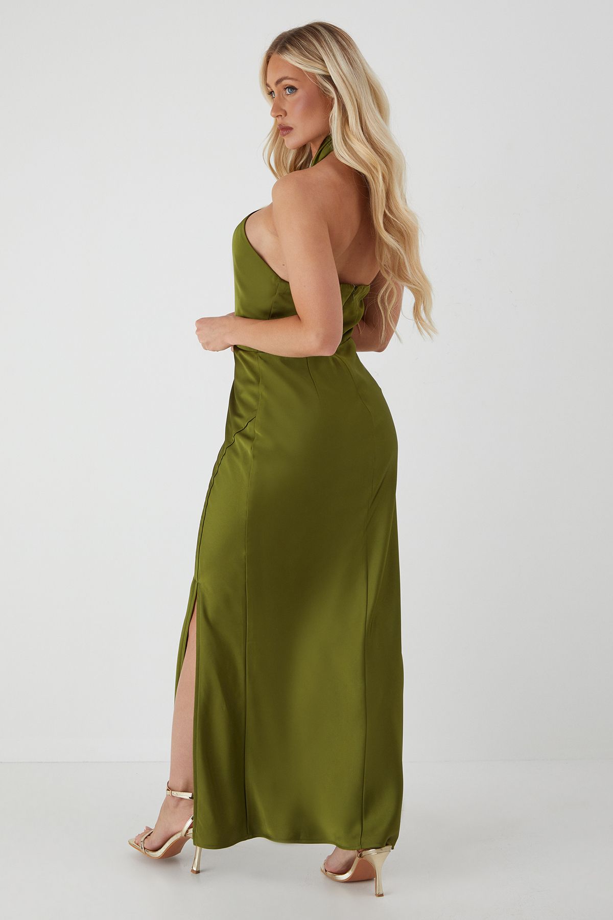 MissPap Gold Hammered Satin Maxi Dress Green image 3