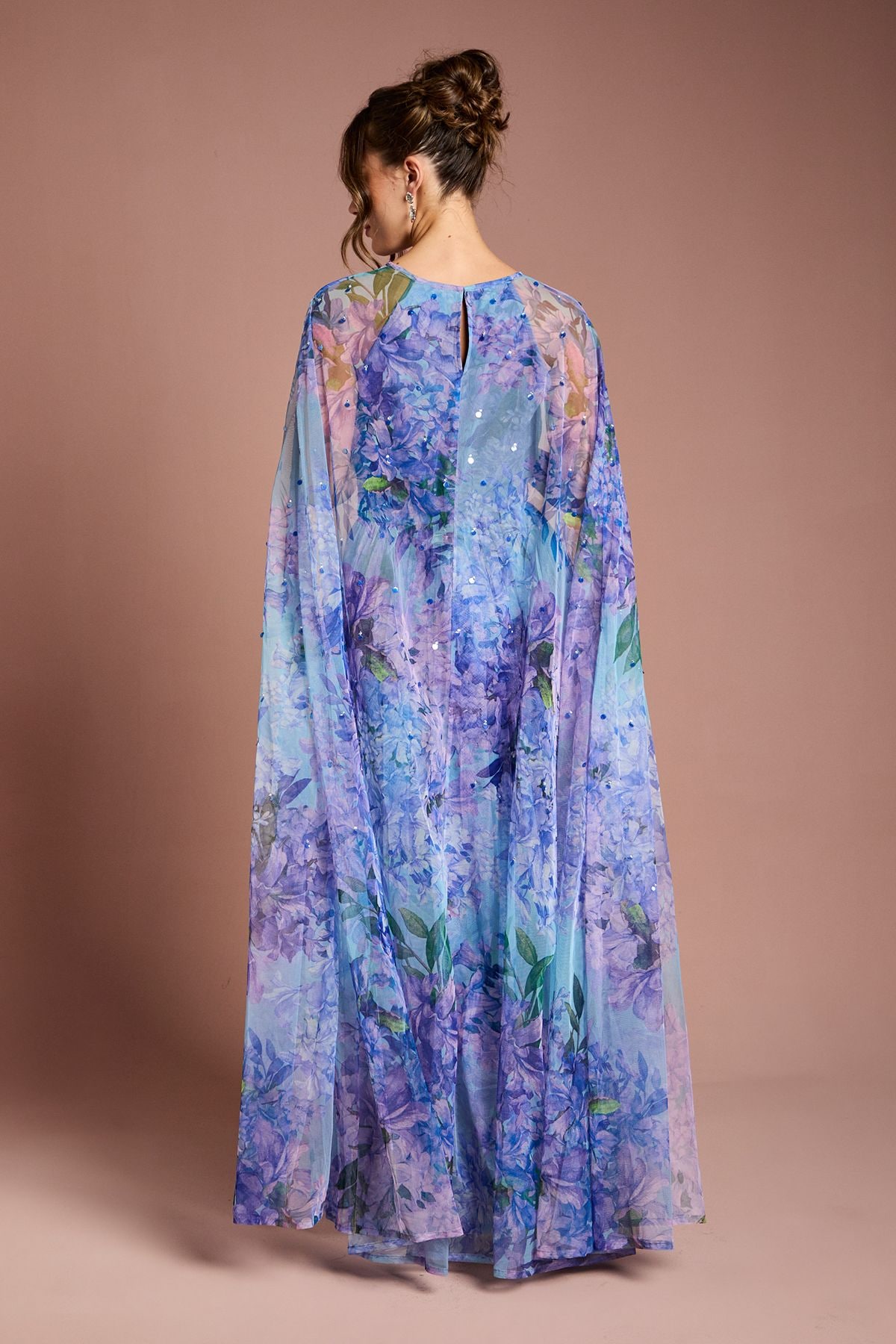 Coast Pleated Mesh Printed Cape Maxi dress With Gemstone Blue image 3