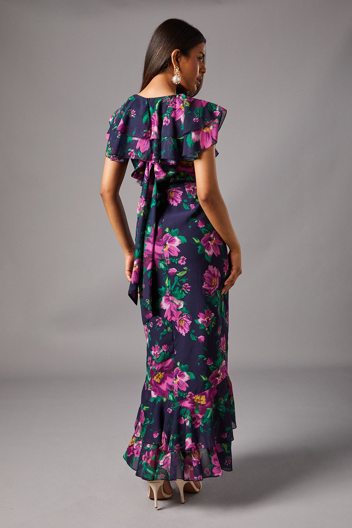 Coast Petite Short Sleeve Chiffon Maxi Dress With Frills Navy image 4