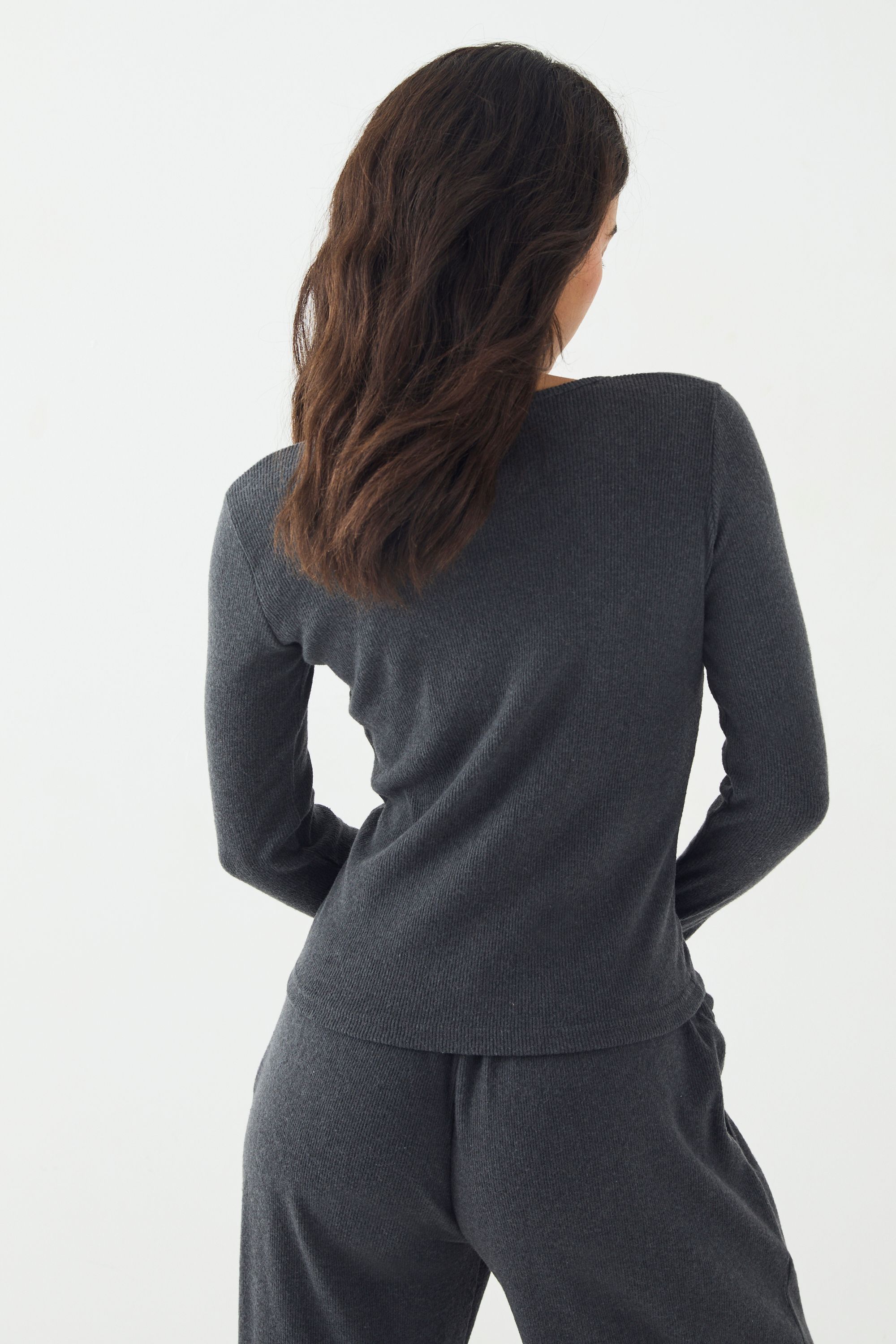 DSGN Studio DSGN Studio Brushed Rib Button Through Long Sleeve Top Charcoal image 2