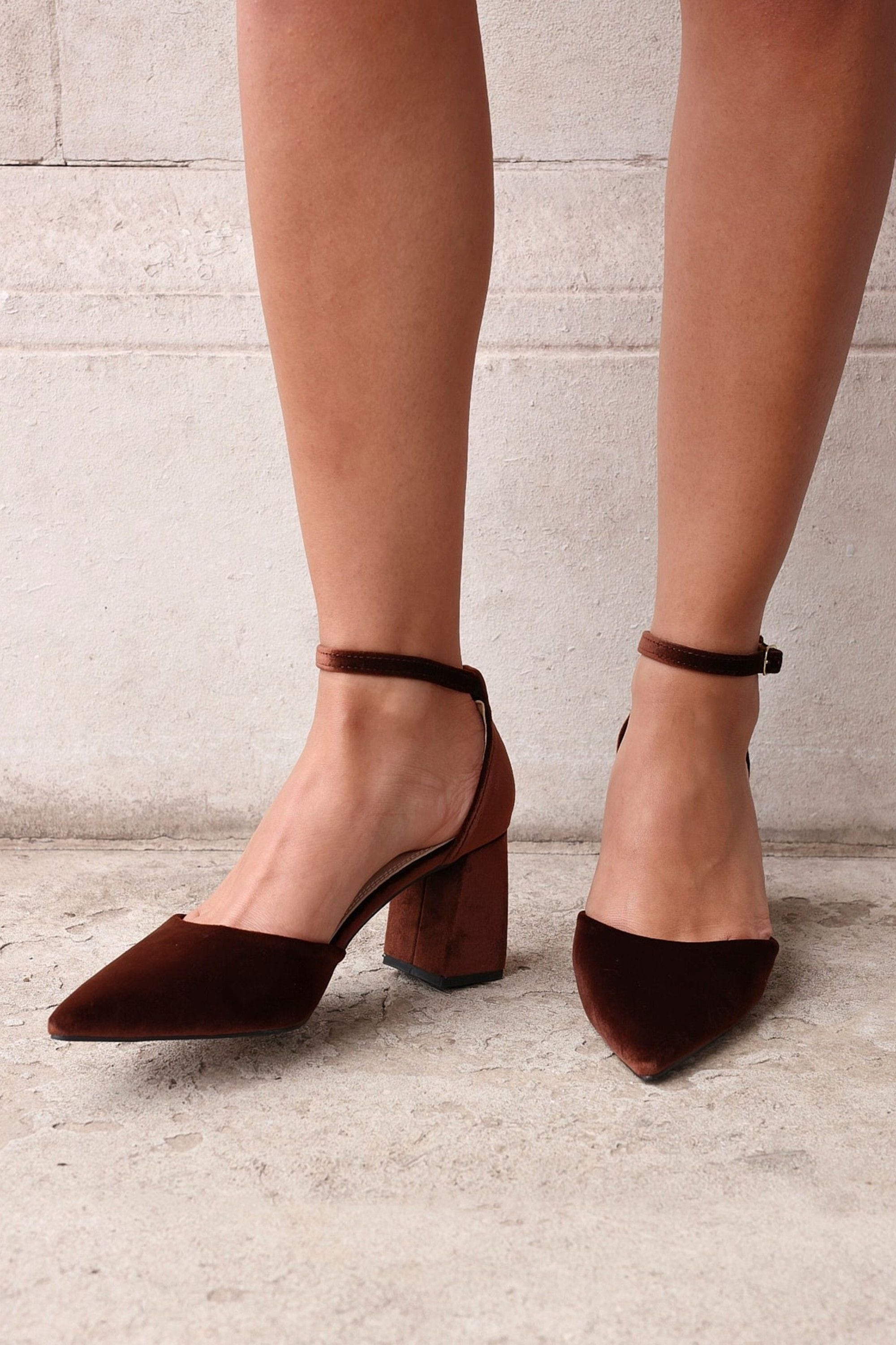 Linzi Glam Brown Velvet Pointed Block Heel Courts image 6