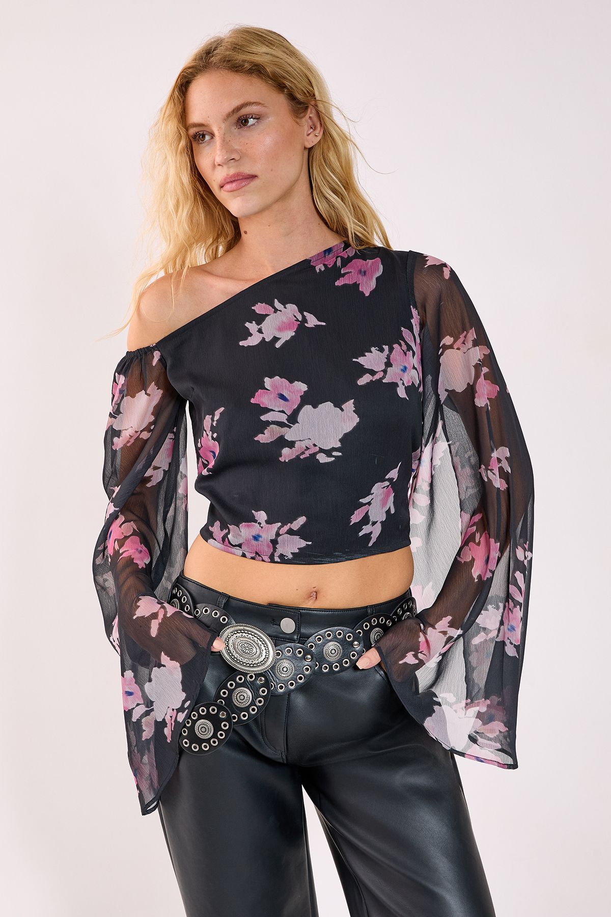 NastyGal Floral Chiffon Off The Shoulder Wide Sleeve Top Black image 2