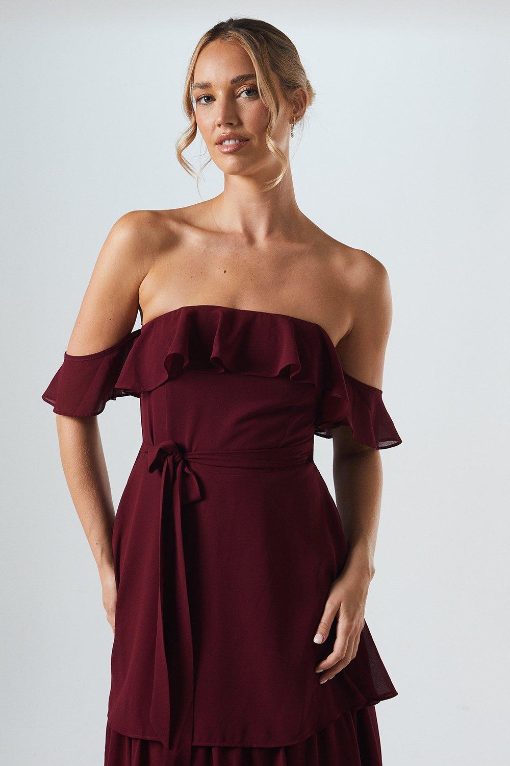 Oasis Bardot Tiered Georgette With Tie Detail Bridesmaids Dress Berry image 4