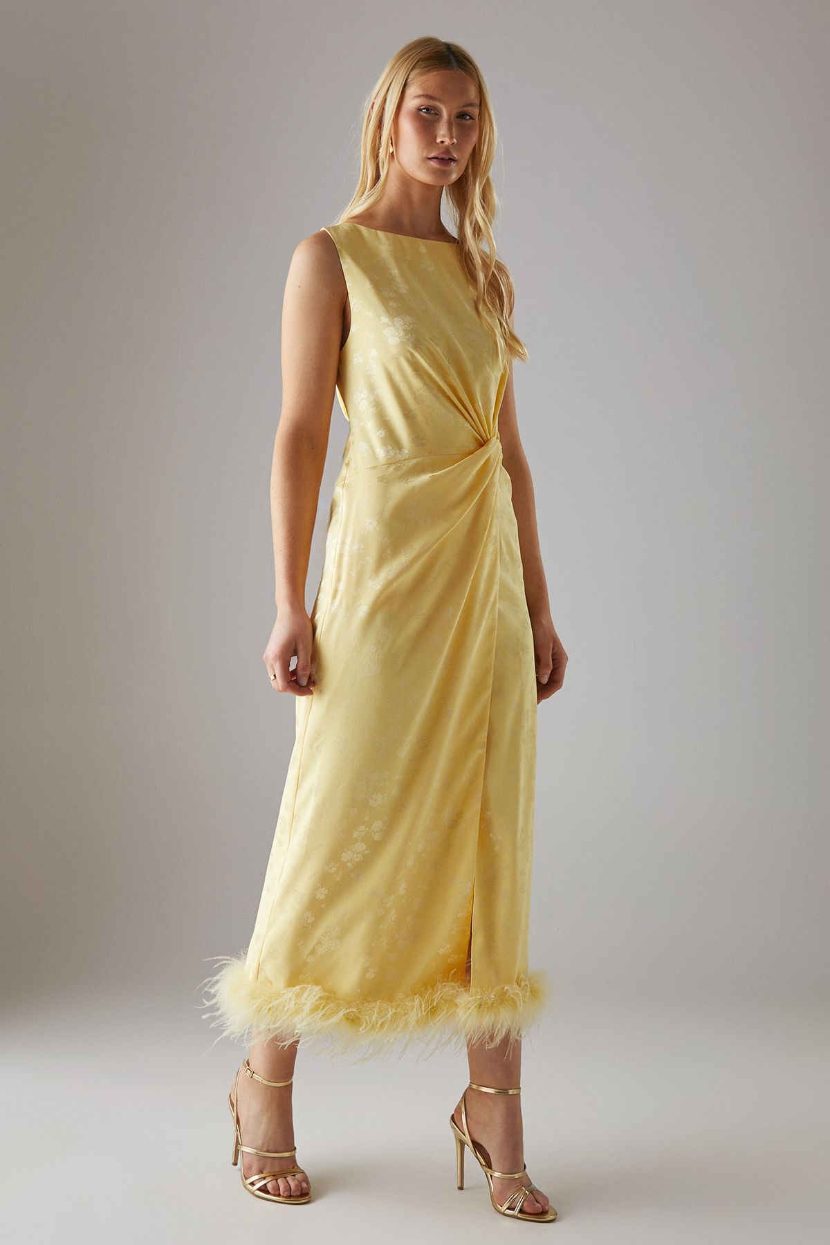 Warehouse Satin Jacquard Feather Twist Front Cowl Back Midi Dress Yellow image 2