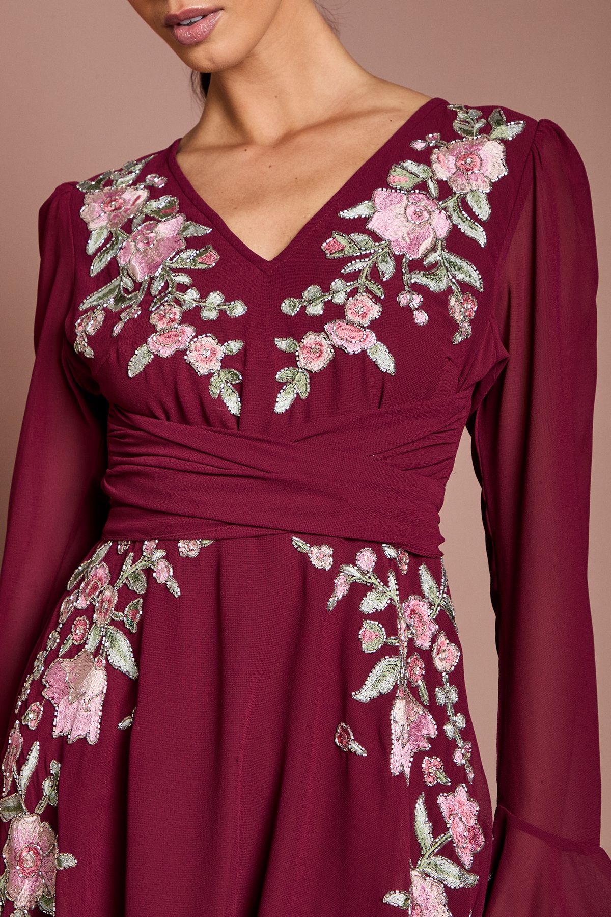 Coast Wrap Waist Embroidered Midi Dress Wine image 5