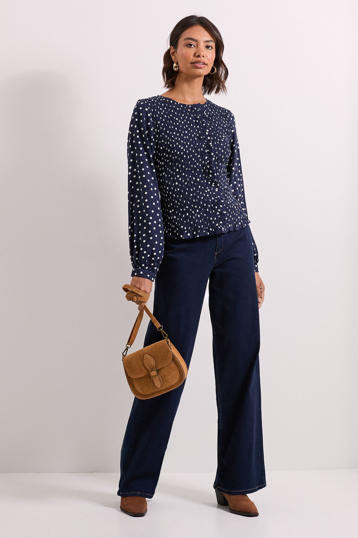 Dorothy Perkins Navy Spot Shirred Bodice Button Through Top Navy image 2