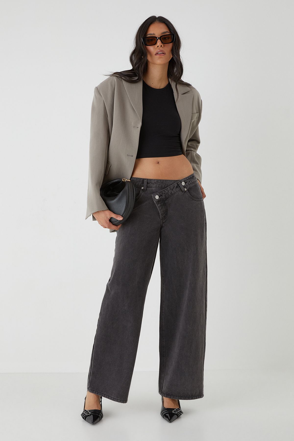 MissPap Asymmetric Wide Leg Washed Denim Jeans Washed Black image 3