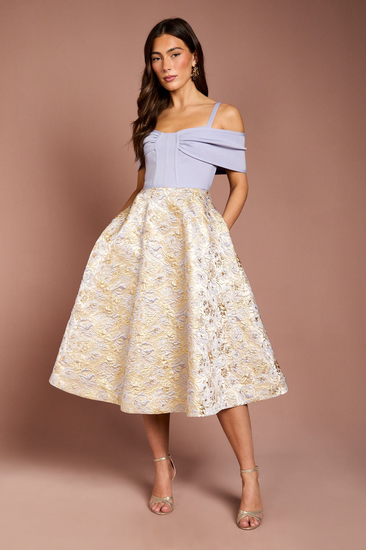 Coast Shoulder Bandage Midi Dress With Jacquard Skirt Light Blue image 1