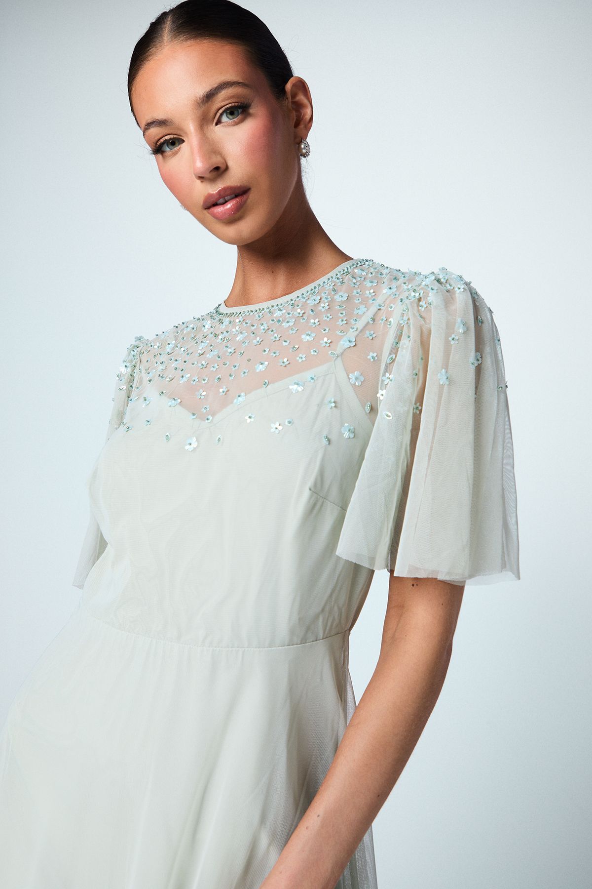 Coast Scattered Floral Embellishment Angel Sleeve Bridesmaid Dress Sage image 4