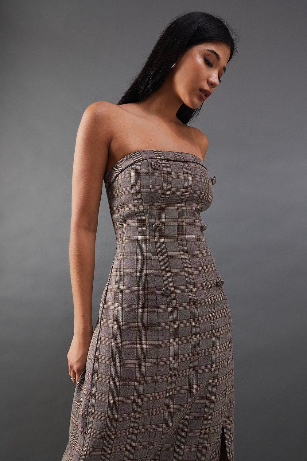 Warehouse Premium Check Bandeau Double Breasted Midi Dress Brown image 4