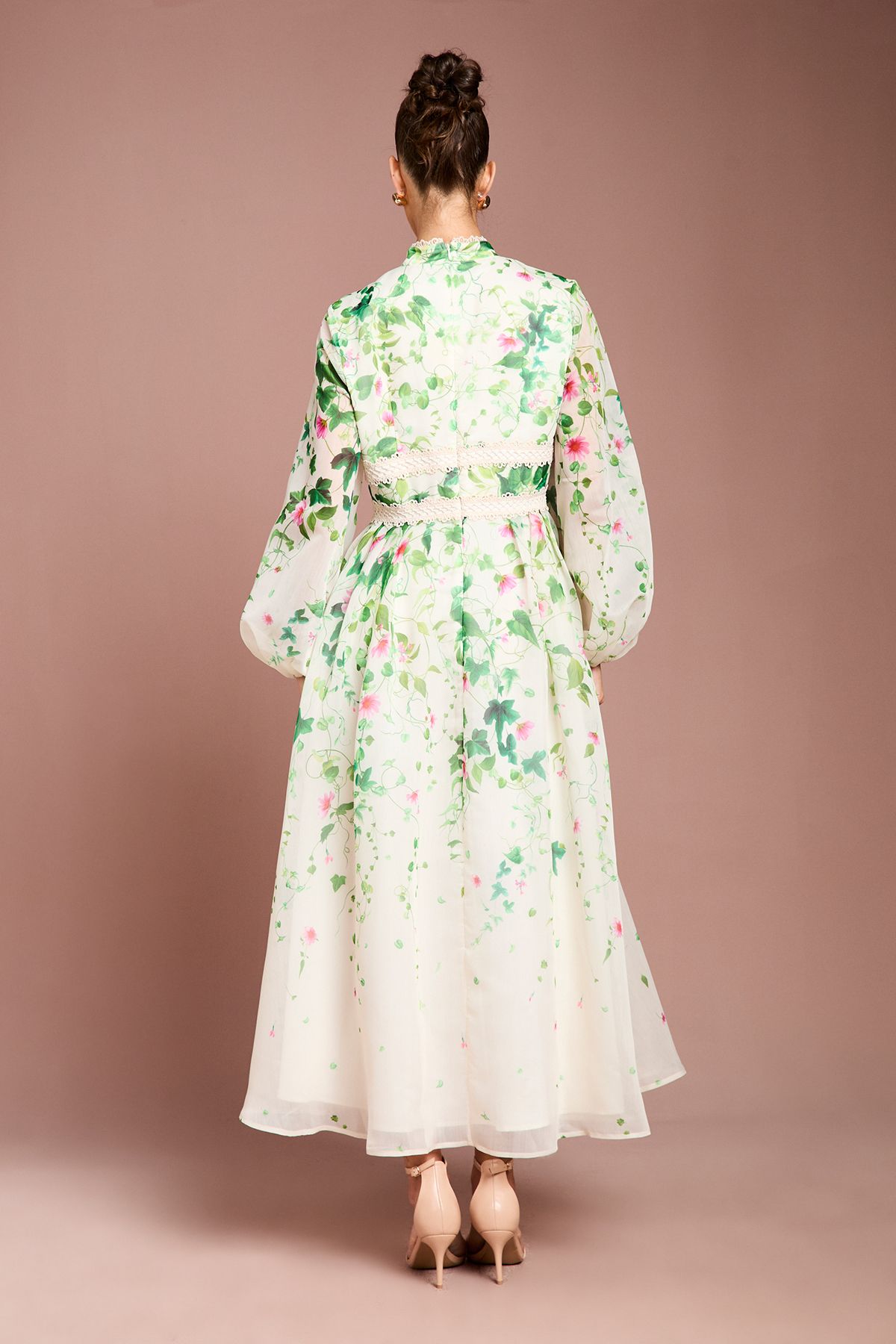 Coast Long Sleeve Placement Print Organza Midi Dress Ivory image 3