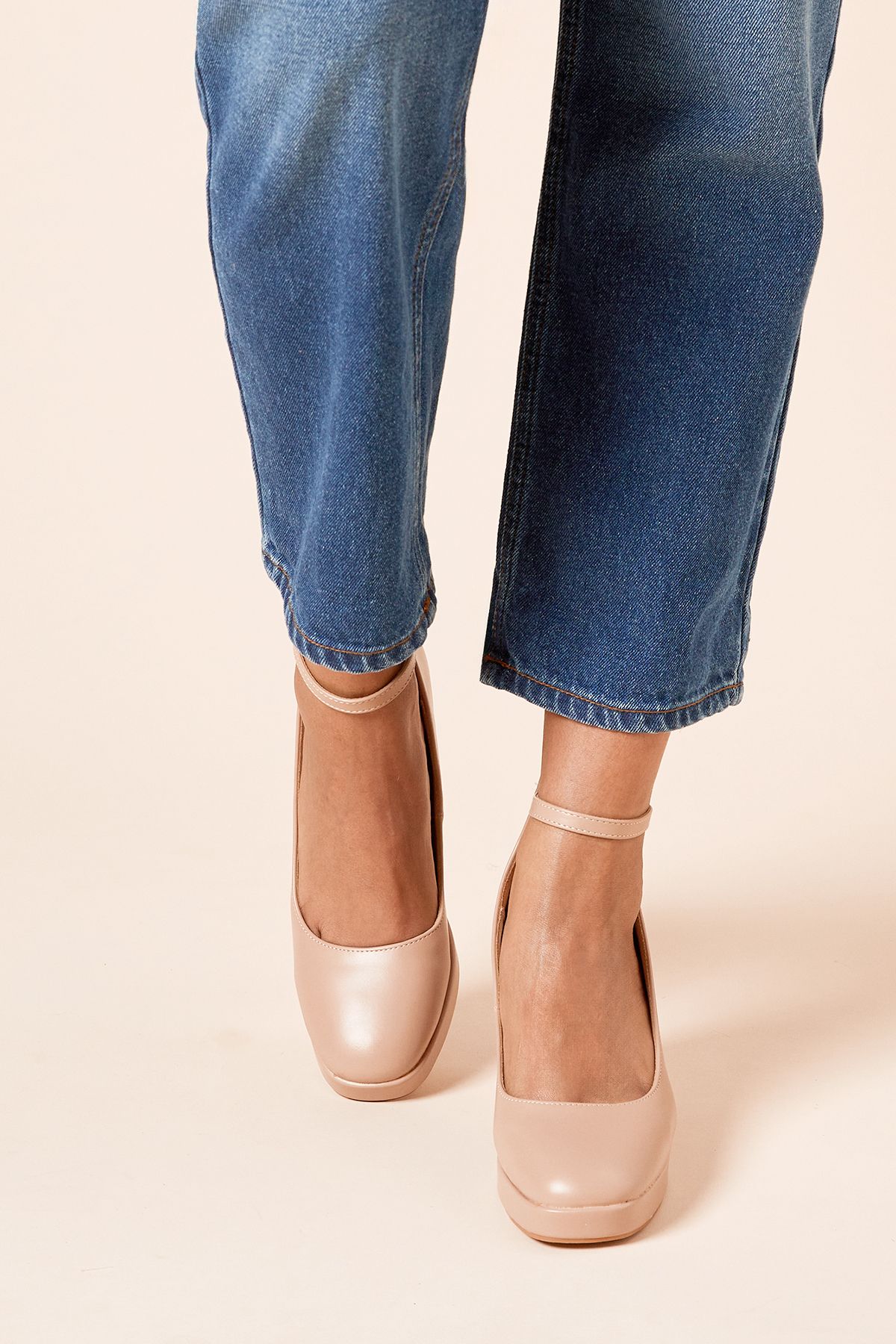 Dorothy Perkins Vanessa Faux Leather Platform Ankle Strap High Block Heel Court Shoes Taupe image 3