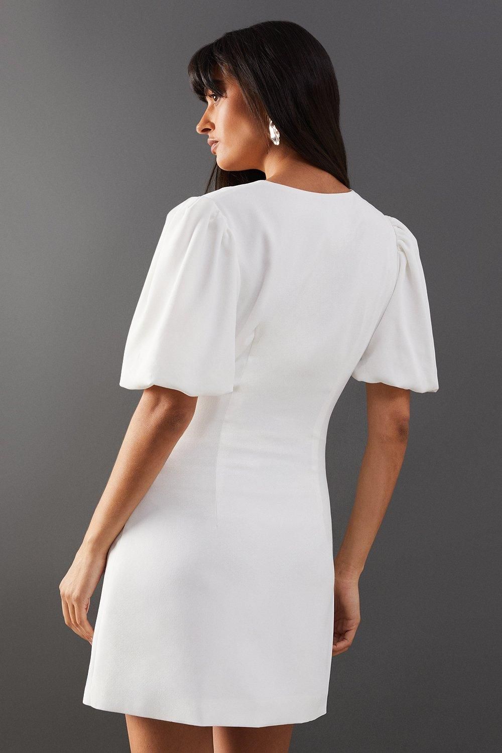 Warehouse Puff Sleeve Mini Tailored Dress Ivory image 3