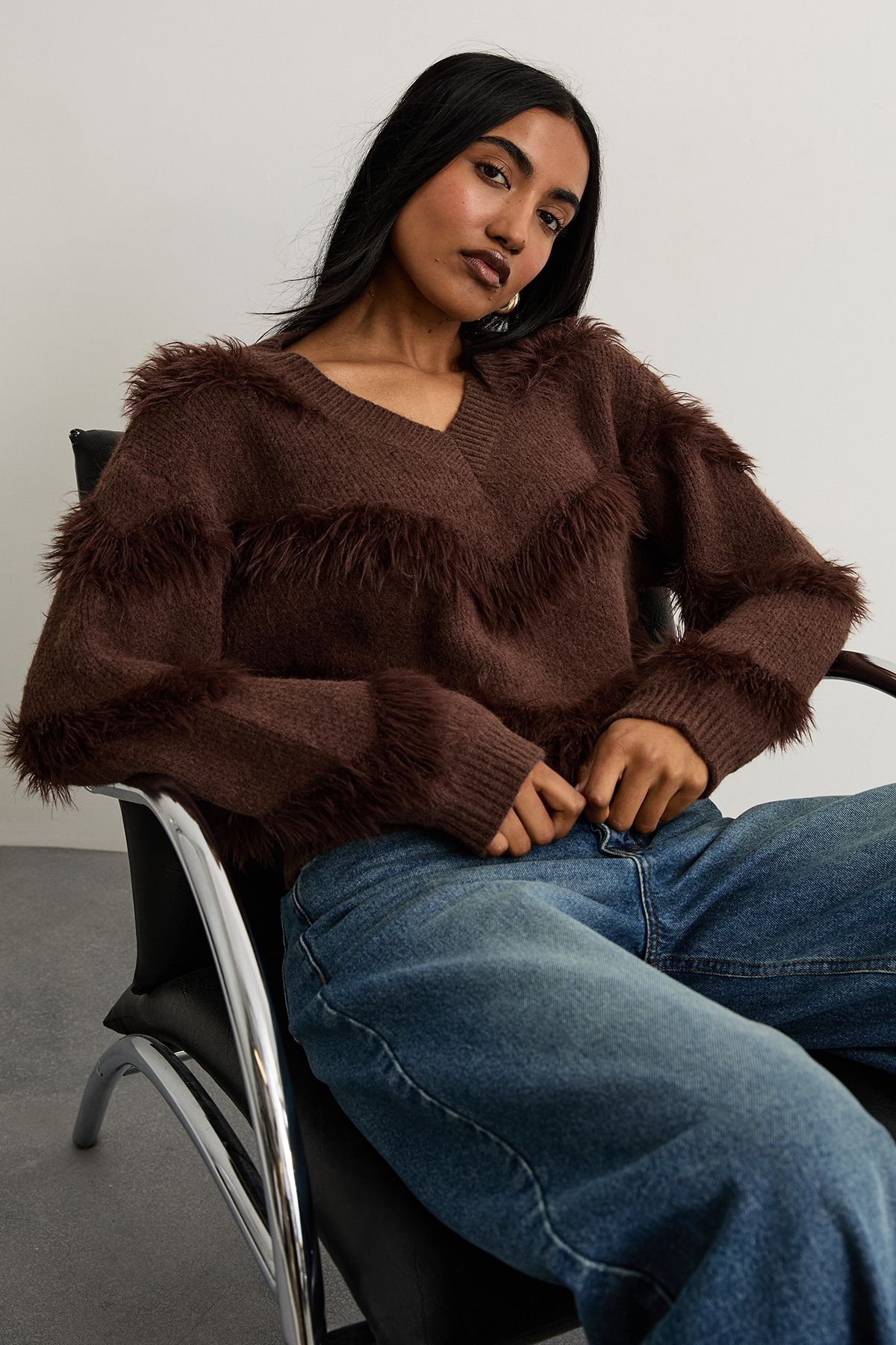 Warehouse Fluffy Long Sleeve Jumper Choc Brown image 1