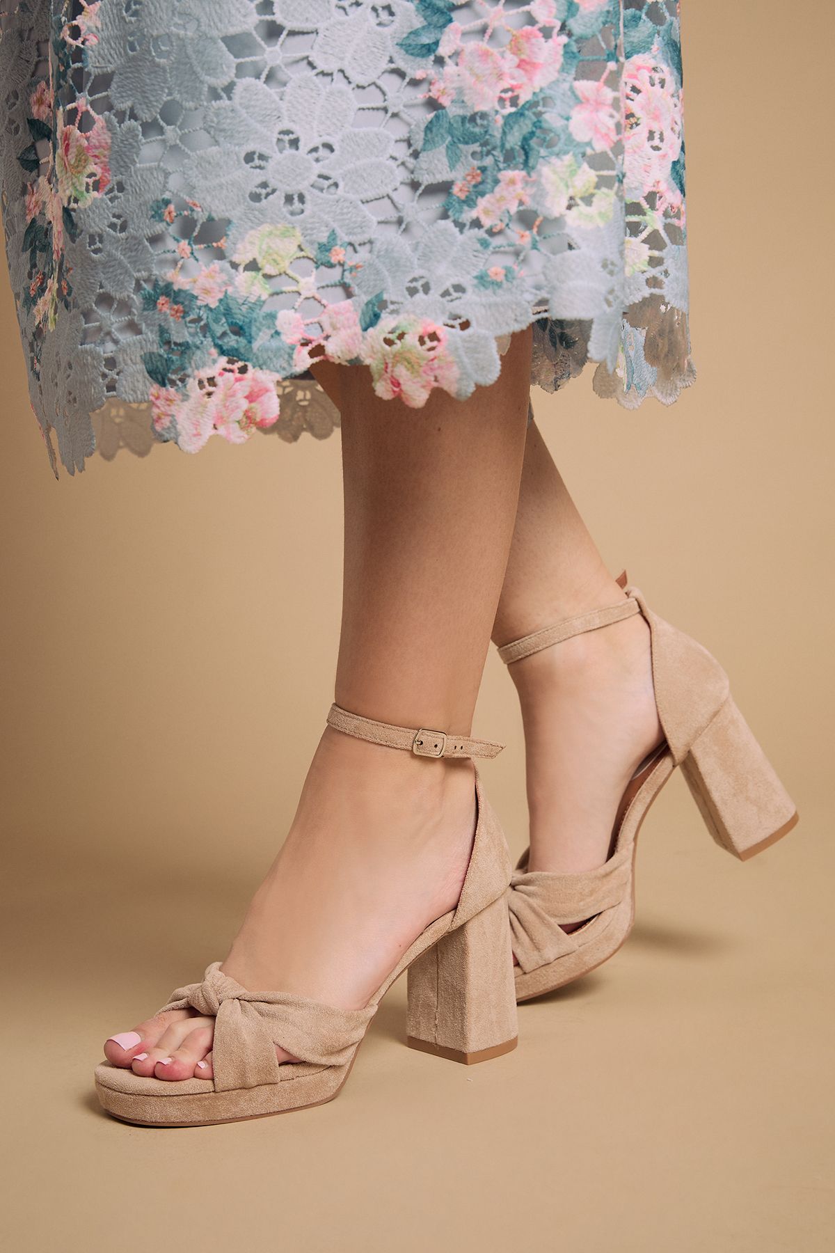 Oasis Narina Faux Suede Knotted Platform High Block Heel Sandals Beige image 1