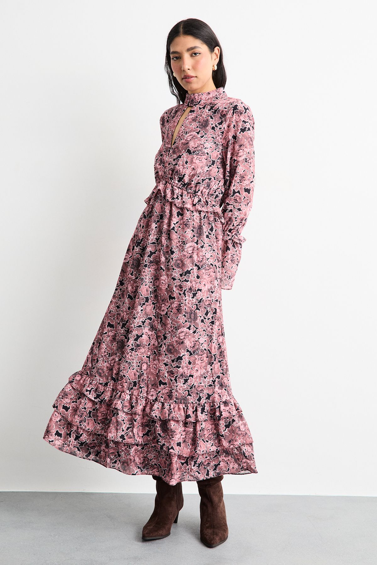 Warehouse Chiffon Shirred Frill Detail High Neck Midi Dress Chocolate image 1