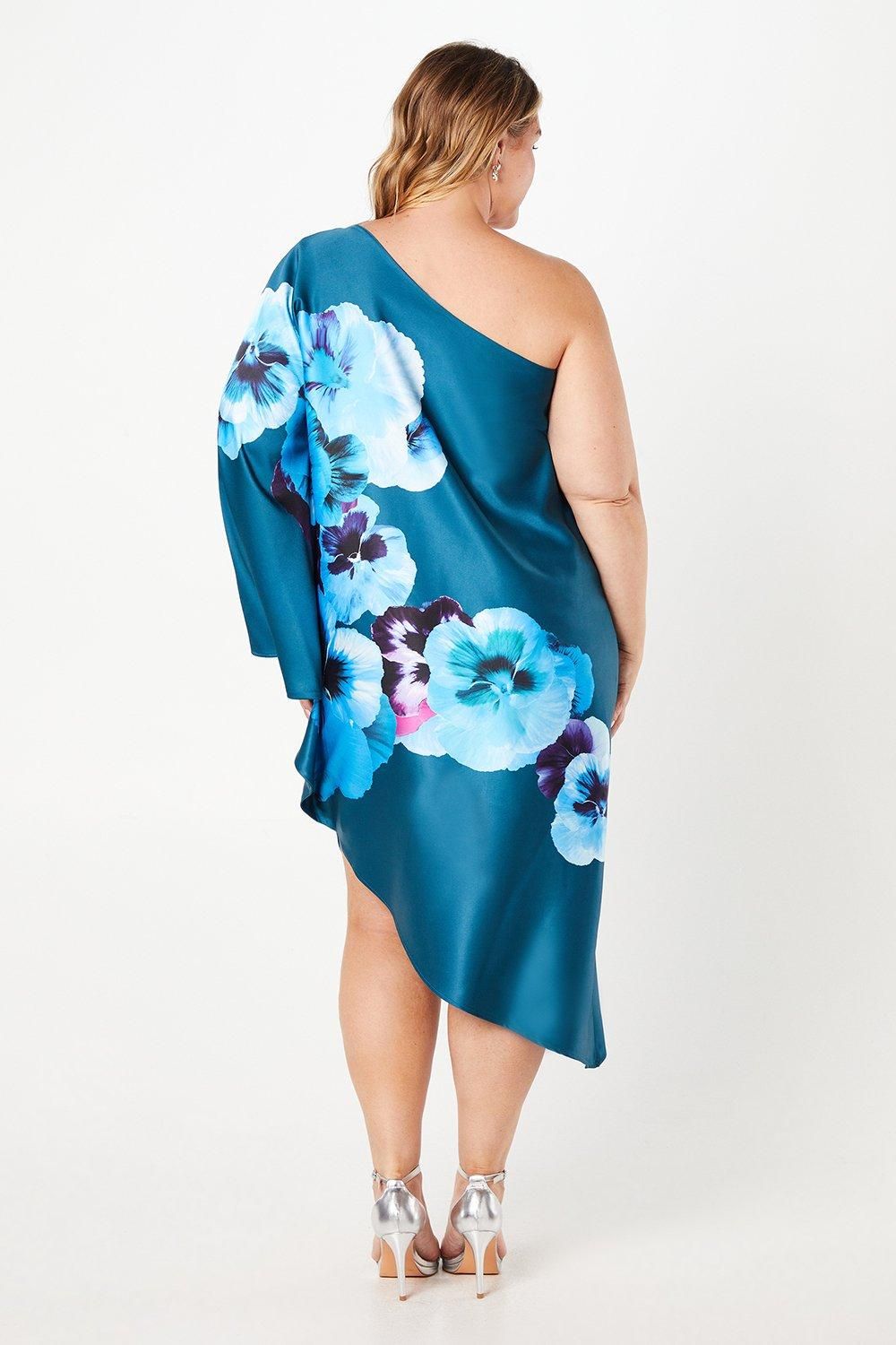 Coast Plus One Shoulder Printed Satin Dress Teal image 3