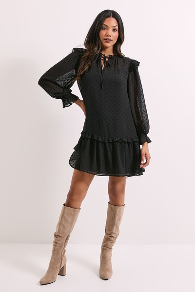 Dorothy Perkins Tiered Hem Tie Neck Shift Dress Black