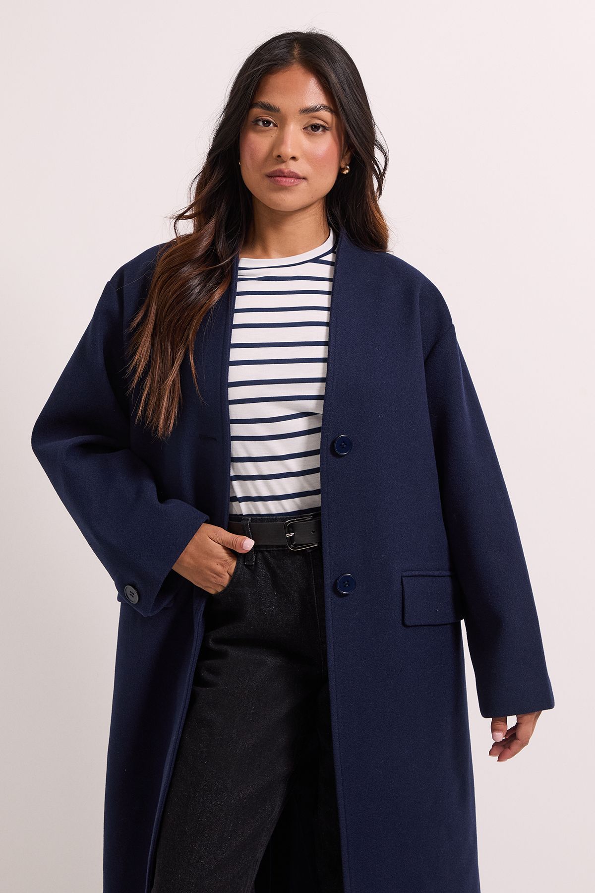 Dorothy Perkins Petite Collarless Single Breasted Faux Wool Coat Navy image 2