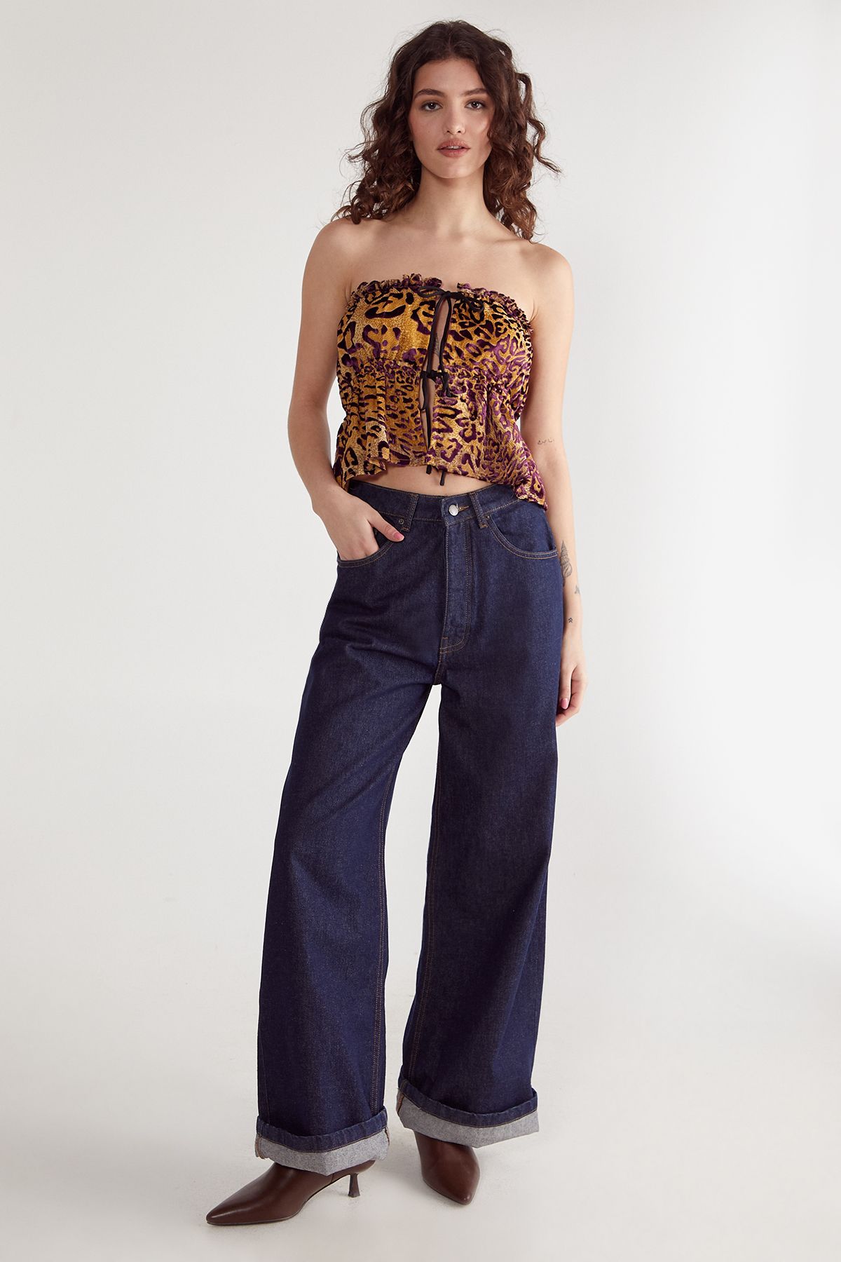 NastyGal Leopard Devore Contrast Tie Bandeau Ruched Top Mustard image 2