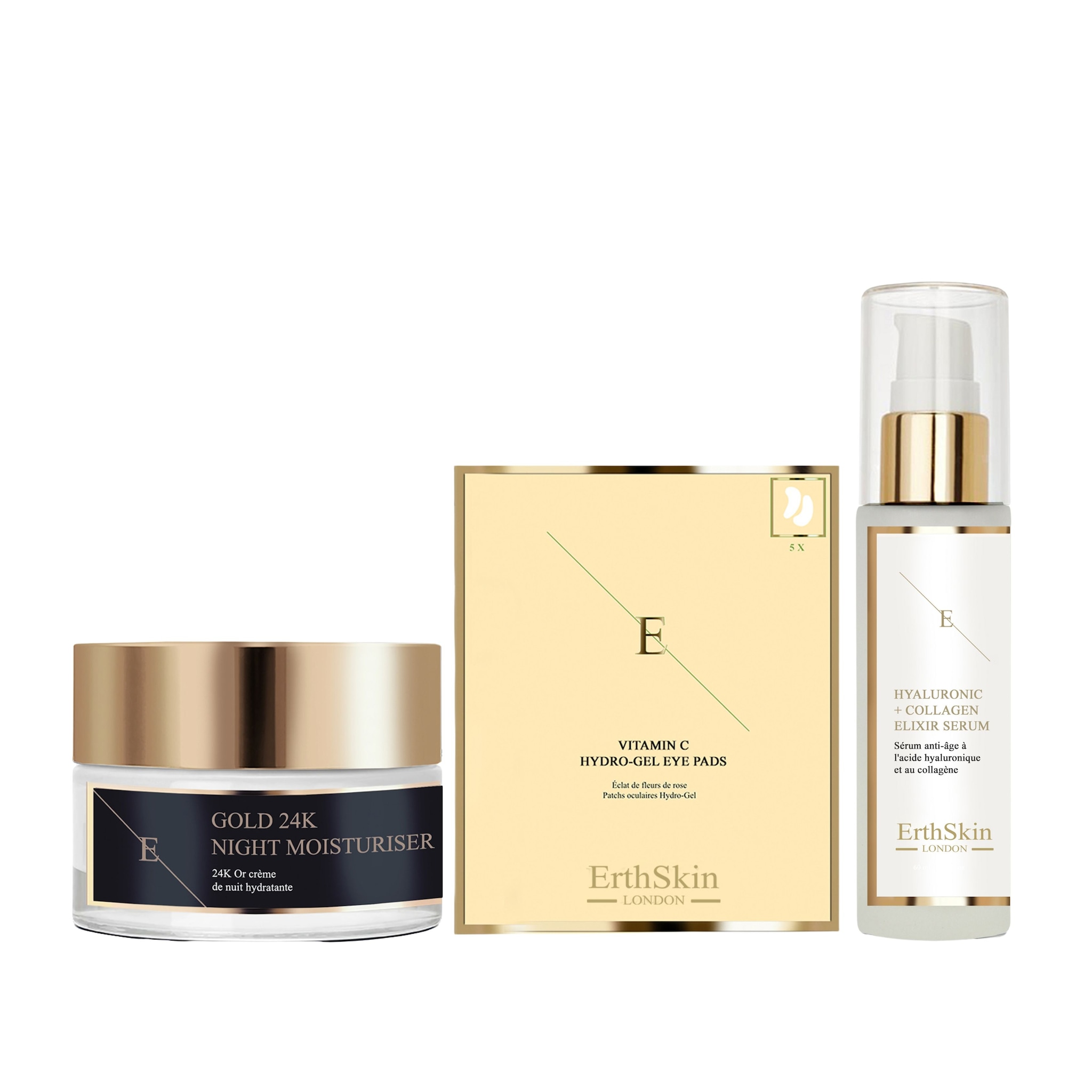 Erth Skin London Anti-Wrinkle Night Moisturiser 24k Gold 50ml + Hyaluronic acid & Collagen Serum - 60ml + Vitamin C Hydrogel Eye Pads x 5 image 1