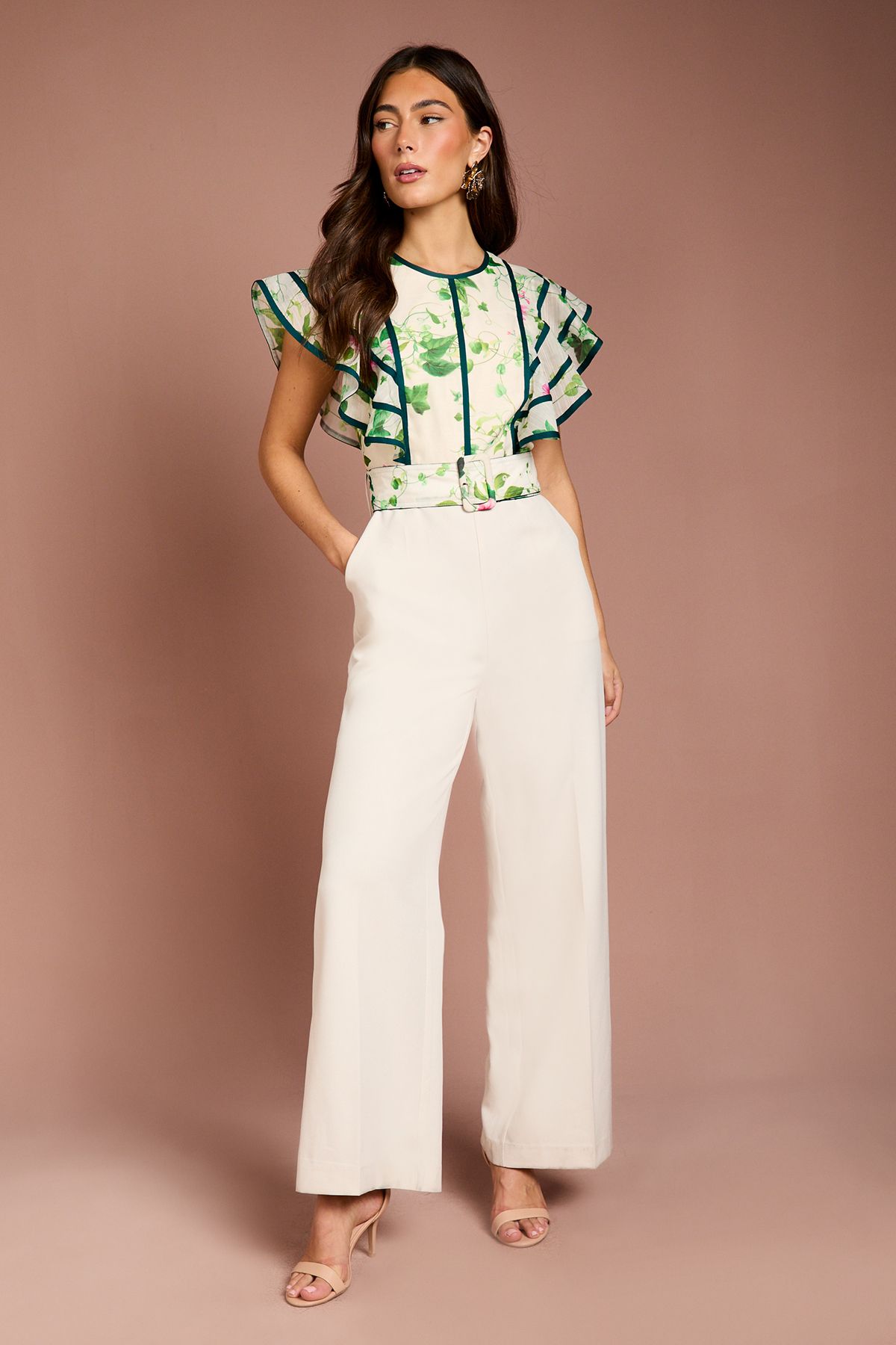 Coast Ruffle Shoulder Printed Floral Jumpsuit Ivory