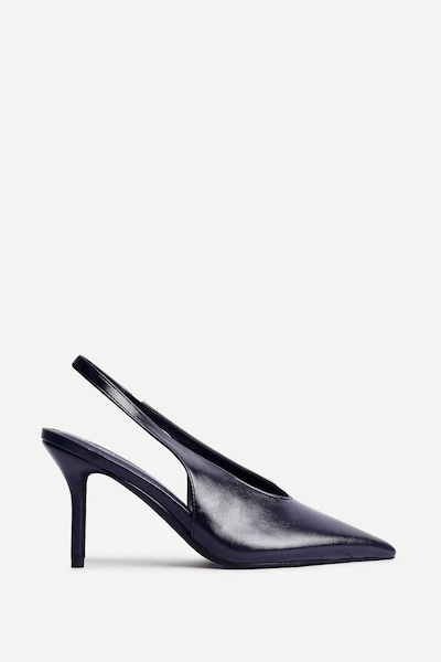 Linzi Evoke Navy Faux Leather Sling Back Court Heels