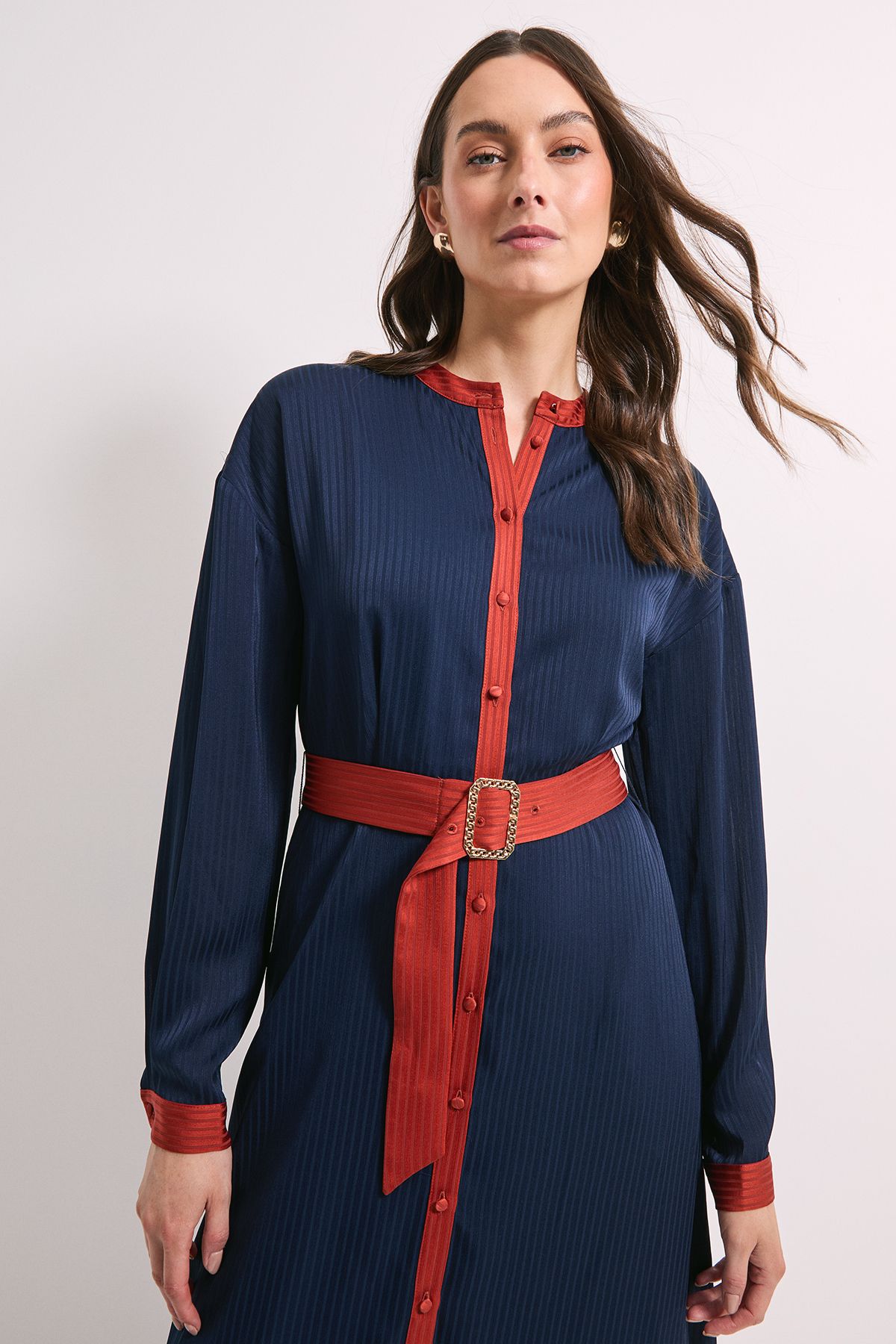 Principles Navy Satin Stripe Contrast Collar Belted Midi Dress Navy image 4