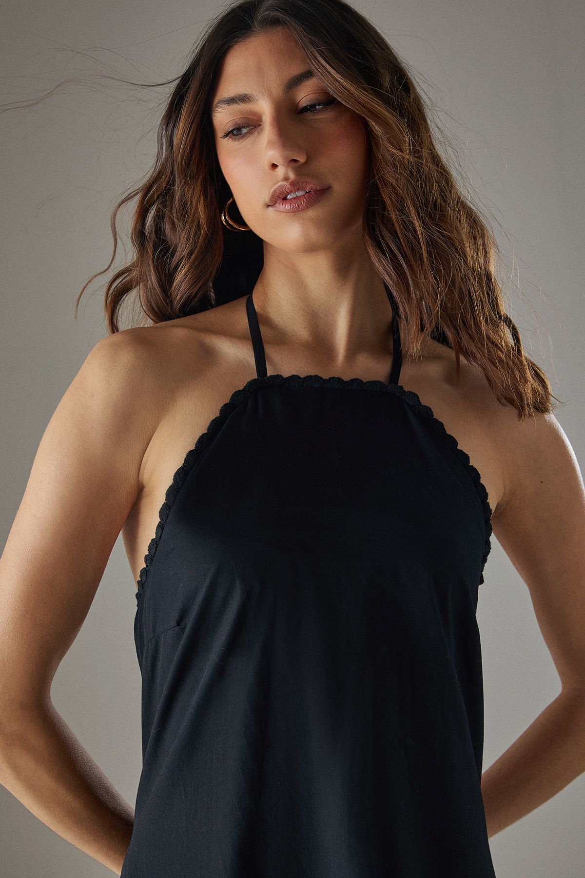 Warehouse Poplin Crochet Trim Drop Waist Midi Sundress Black image 3