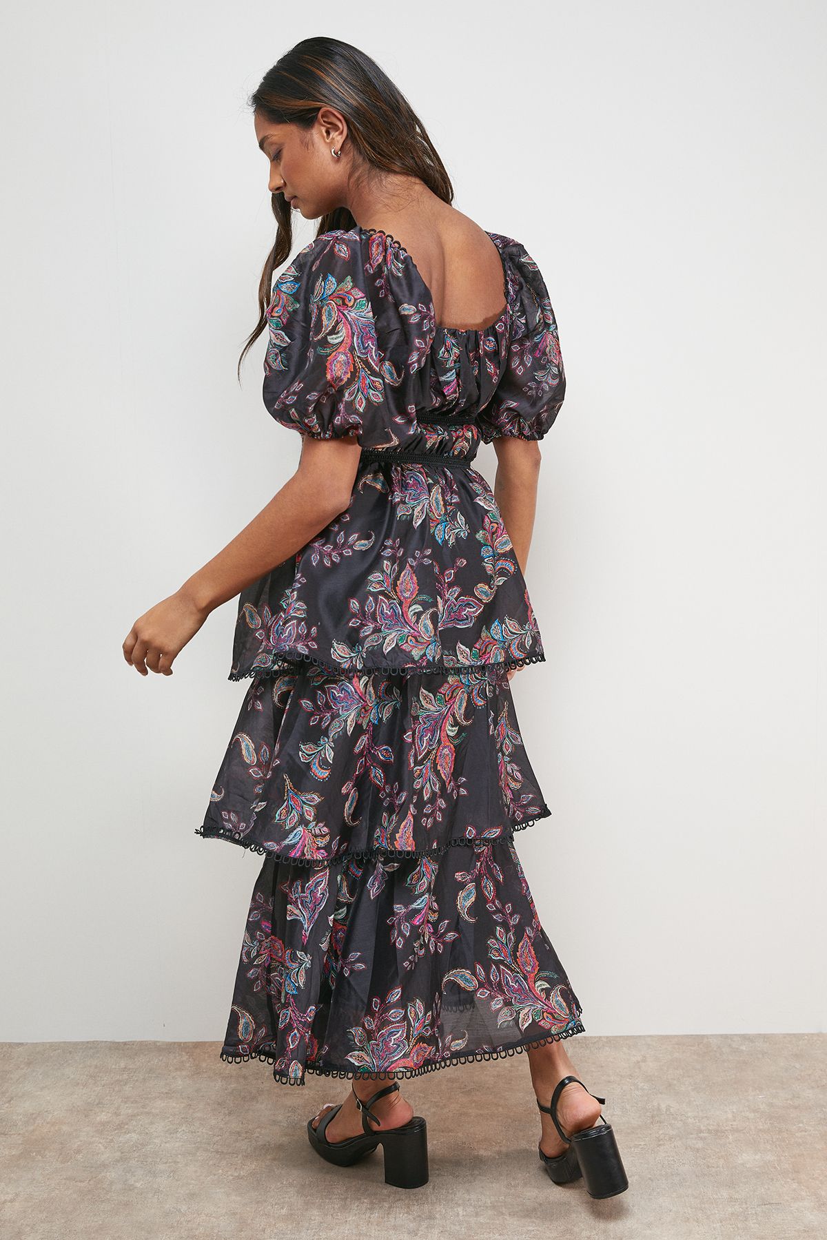 Oasis Puff Sleeve Tiered Midaxi Dress Black image 3