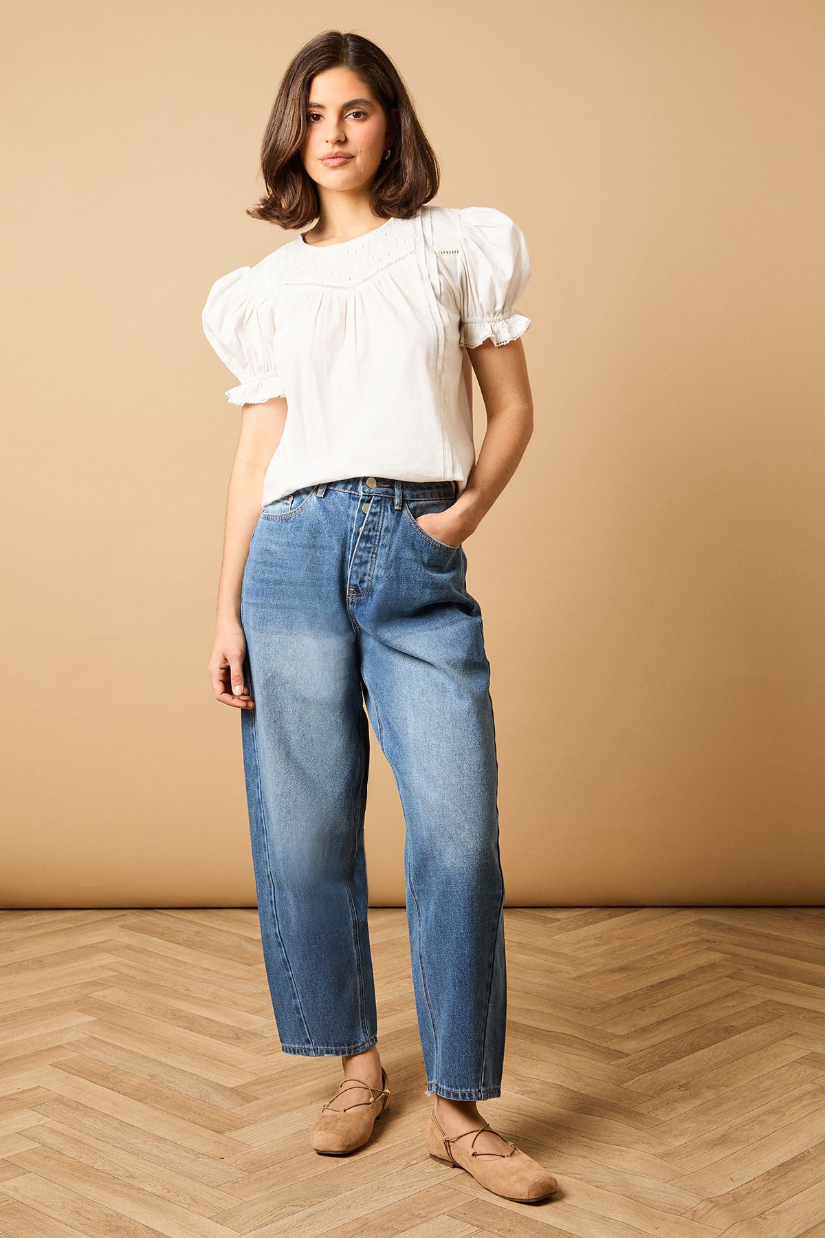 Oasis Broderie Trim Detail Puff Sleeve Blouse White image 1